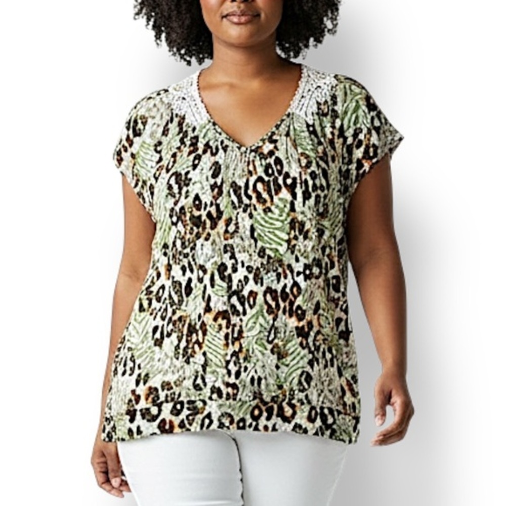 4/$20 BONGO Animal Print Lace Yoke Blouse Short Sleeve Top 1X